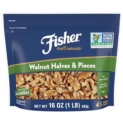 Fisher Chef's Naturals Walnut Halves & Pieces 1 lb, 100% California Unsalted Walnuts for Baking & Cooking, Snack Topping, Resealable Bag, Great with Yogurt & Cereal, Vegan Protein, Keto Snack-UPStoxs