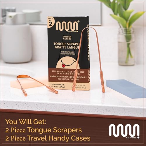 MasterMedi Tongue Scraper with Case Easy to Use Tongue Scraper for Adults, Tongue Cleaner for Oral Care & Hygiene (Copper Set of 2 (with Travel Case))-UPStoxs