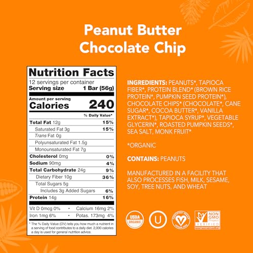 ALOHA Organic Plant Based Protein Bars |Peanut Butter Chocolate Chip | 1.98 Oz (Pack of 12) | Vegan, Low Sugar, Gluten Free, Paleo, Low Carb, Non-GMO, Stevia Free, Soy Free, No Sugar Alcohols-UPStoxs