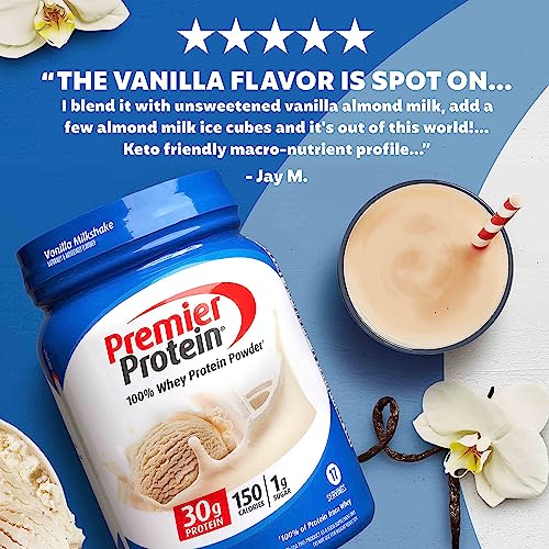 Premier Protein Powder, Vanilla Milkshake, 30g Protein, 1g Sugar, 100% Whey Protein, Keto Friendly, No Soy Ingredients, Gluten Free, 17 Servings, 23.3 Ounces-UPStoxs