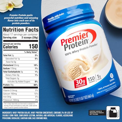 Premier Protein Powder, Vanilla Milkshake, 30g Protein, 1g Sugar, 100% Whey Protein, Keto Friendly, No Soy Ingredients, Gluten Free, 17 Servings, 23.3 Ounces-UPStoxs