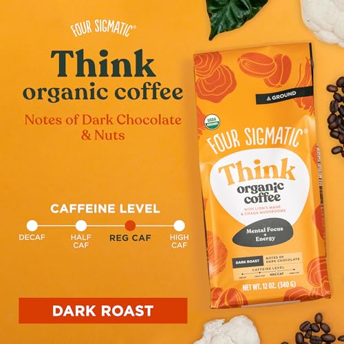 Four Sigmatic Think Mushroom Coffee | Organic Ground Coffee with Lion's Mane Mushroom and Chaga Mushroom | Nootropic Mushroom Coffee for Better Focus and Immune Support | 12oz Bag-UPStoxs