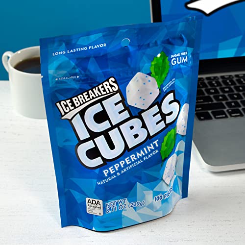 ICE BREAKERS Ice Cubes Peppermint Sugar Free Chewing Gum Pouch, 8.11 oz (100 Pieces)-UPStoxs