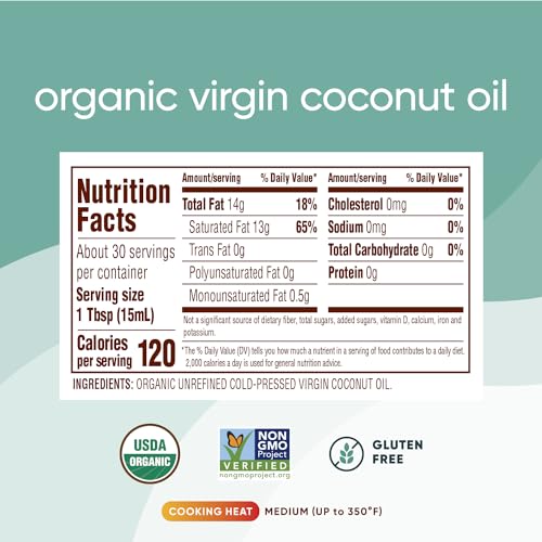 Nutiva Organic Coconut Oil 15 fl oz, Cold-Pressed, Fresh Flavor for Cooking, Natural Hair, Skin, Massage Oil and, Non-GMO, USDA Organic, Unrefined Extra Virgin Coconut Oil (Aceite de Coco)-UPStoxs