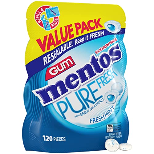 Mentos Pure Fresh Sugar-Free Chewing Gum with Xylitol, Fresh Mint, 120 Piece Bulk Resealable Bag (Pack of 1)-UPStoxs