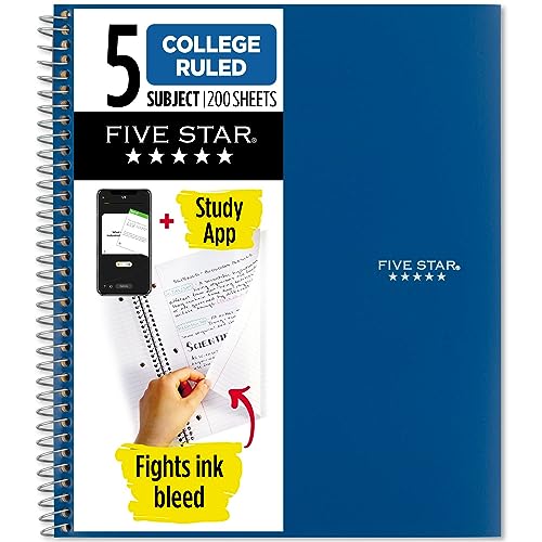 Five Star Spiral Notebook + Study App, 5 Subject, College Ruled Paper, Fights Ink Bleed, Water Resistant Cover, 8-1/2" x 11", 200 Sheets, Blue (73635)-UPStoxs