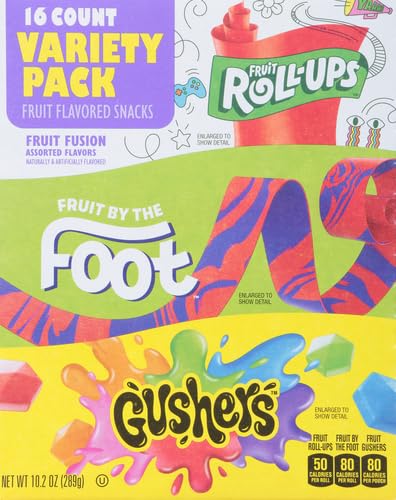 Fruit Roll-Ups, Fruit by the Foot, Gushers, Snacks Variety Pack, 16 ct-UPStoxs