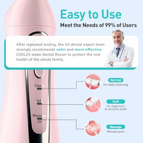 COSLUS Water Dental Flosser Teeth Pick: Portable Cordless Oral Irrigator 300ML Rechargeable Travel Irrigation Cleaner IPX7 Waterproof Electric Waterflosser for Teeth Cleaning F5020E Pink-UPStoxs