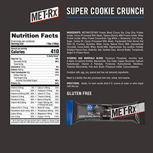 MET-Rx Big 100 Protein Bar, Meal Replacement Bar, 32G Protein, Super Cookie Crunch, 9 Bars (Pack of 1)-UPStoxs