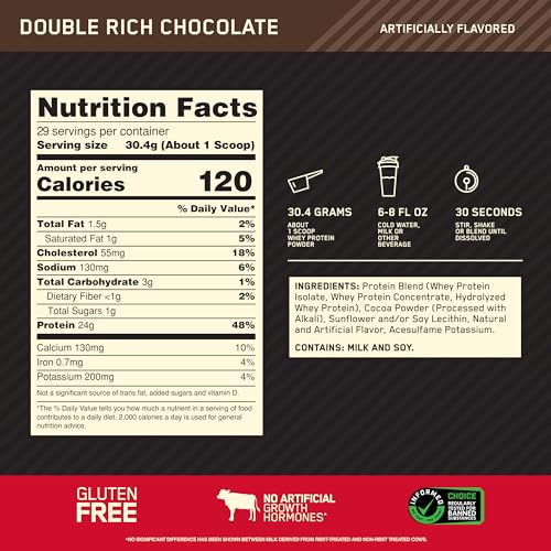 Optimum Nutrition Gold Standard 100% Whey Protein Powder, Double Rich Chocolate, 2 Pound (Packaging May Vary)-UPStoxs