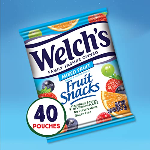 Welch's Fruit Snacks, Mixed Fruit, Perfect Halloween Candy Bulk Pack, Gluten Free, Individual Single Serve Bags, 0.8 oz (Pack of 40)-UPStoxs