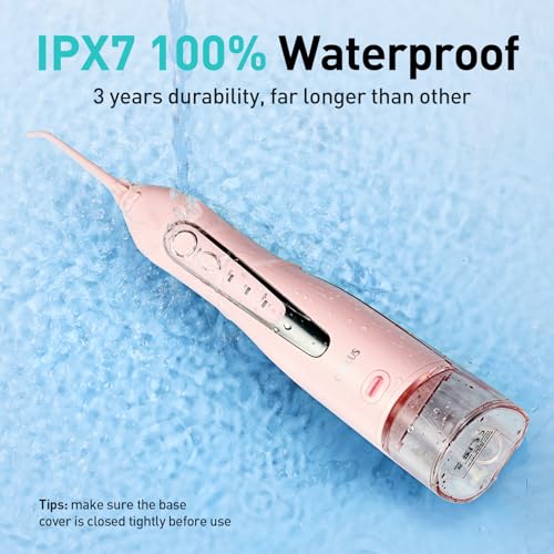 COSLUS Water Dental Flosser Teeth Pick: Portable Cordless Oral Irrigator 300ML Rechargeable Travel Irrigation Cleaner IPX7 Waterproof Electric Waterflosser for Teeth Cleaning F5020E Pink-UPStoxs