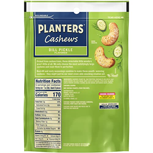 PLANTERS Dill Pickle Cashews, Whole Cashews, Individual Packs, Party Snacks, Plant-Based Protein, Quick Snack for Adults, After School Snack, Flavored Cashew, Roasted with Sea Salt, Kosher, 5oz Bag-UPStoxs