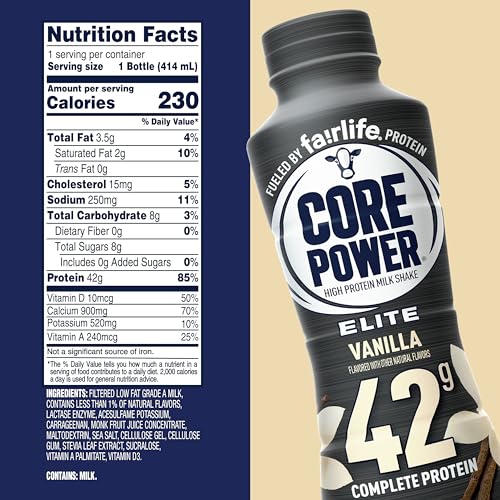 Core Power Fairlife Elite 42g High Protein Milk Shake Bottle, Ready To Drink for Workout Recovery, kosher, Liquid, Vanilla, 14 Fl Oz (Pack of 12)-UPStoxs