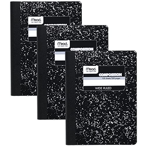 Mead Composition Notebooks, 3 Pack, Wide Ruled Paper, 9-3/4" x 7-1/2", 100 Sheets per Comp Book, Black Marble (38301)-UPStoxs