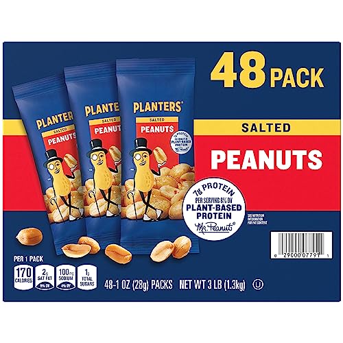 PLANTERS Salted Peanuts, Snack Size, Nuts Individual Packs, Peanuts with Sea Salt, Simple Ingredients, Convenient Snacking, On the Go Snacks, Kosher, 1oz Bags (48 Pack)-UPStoxs