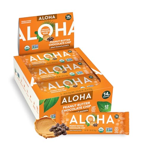 ALOHA Organic Plant Based Protein Bars |Peanut Butter Chocolate Chip | 1.98 Oz (Pack of 12) | Vegan, Low Sugar, Gluten Free, Paleo, Low Carb, Non-GMO, Stevia Free, Soy Free, No Sugar Alcohols-UPStoxs