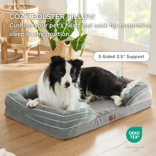 Bedsure Orthopedic Dog Bed for Large Dogs - Big Washable Dog Sofa Beds Large, Supportive Foam Pet Couch Bed with Removable Washable Cover, Waterproof Lining and Nonskid Bottom, Grey-UPStoxs