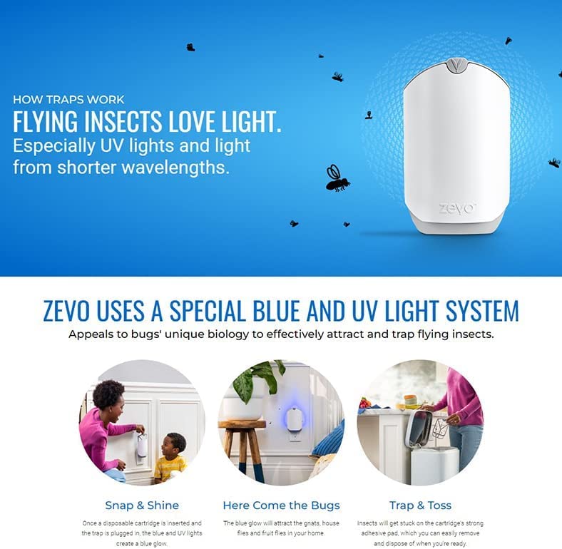 Zevo Flying Insect Trap for Indoors: Light Trap Captures Fruit Flies, Gnats and Houseflies, Starter Kit + Refills (1 Plug-in Base + 3 Cartridges)-UPStoxs