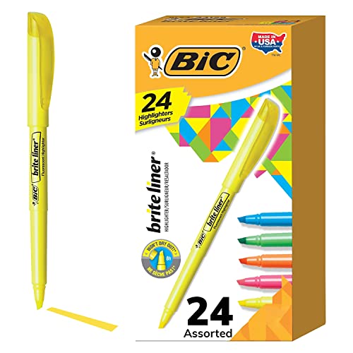 BIC Brite Liner Highlighters, Chisel Tip, 24-Count, Assorted Colors, Ideal Set for Organizing and Coloring, Packaging May Vary, Includes 14-Yellow, 3-Pink, 3-Orange, 2-Green and 2-Blue Highlighters-UPStoxs