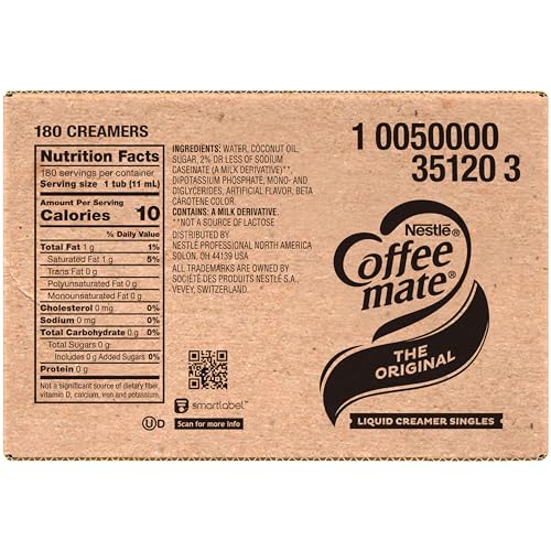 Nestle Coffee mate Coffee Creamer, Original, Liquid Creamer Singles, Non Dairy, No Refrigeration, 0.375 fl oz Tubs (Pack of 180)-UPStoxs