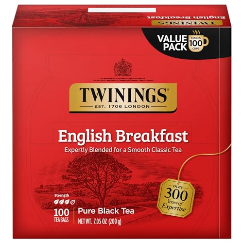 Twinings English Breakfast Black Tea Individually Wrapped Bags, 100 Count (Pack of 1), Smooth, Flavourful, and Robust, Caffeinated, Enjoy Hot or Iced | Packaging May Vary-UPStoxs