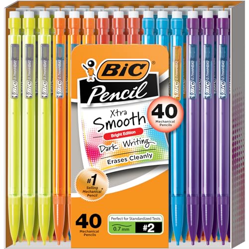 BIC Xtra-Smooth Mechanical Pencils with Erasers (MPCE40-BLK), Bright Edition Medium Point (0.7mm), 40-Count Pack, Bulk Mechanical Pencils for School, Barrel Colors May Vary-UPStoxs