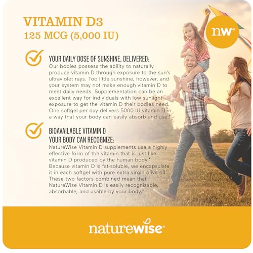 NatureWise Vitamin D3 5000iu (125 mcg) 1 Year Supply for Healthy Muscle Function, and Immune Support, Non-GMO, Gluten Free in Cold-Pressed Olive Oil, Packaging Vary ( Mini Softgel), 360 Count-UPStoxs