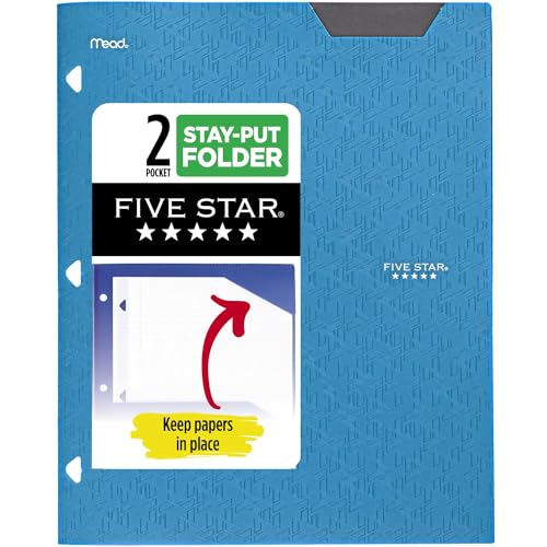 Five Star 2-Pocket Folder, Plastic Folder with Stay-Put Tabs, Fits 3 Ring Binder, Holds 8-1/2" x 11" Paper, Blue (333420H-ECM)-UPStoxs