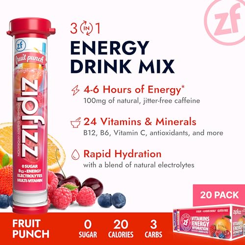 Zipfizz Daily Energy Drink Powder, Fruit Punch, 20 Pack 3-in-1 Sustained Energy, Rapid Hydration, and Essential Vitamins Sugar-Free Electrolyte Powder Contains Vitamin B-12 & Antioxidants-UPStoxs