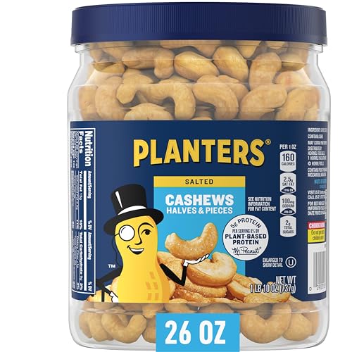 PLANTERS Salted Cashew Halves & Pieces, Party Snacks, Plant-Based Protein, Quick Snack for Adults, After School Snack, Roasted Cashews, Flavored with Sea Salt, Bulk Nuts, Kosher, 26oz Canister-UPStoxs