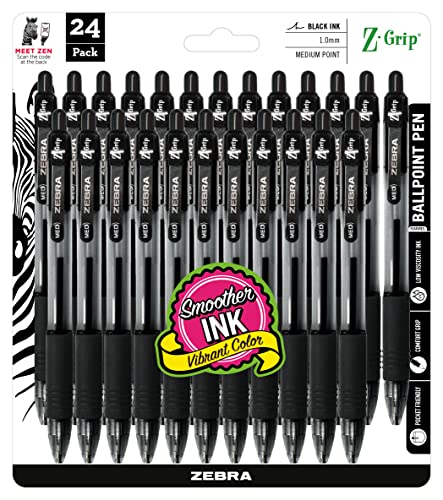 Zebra Pen Z-Grip Retractable Ballpoint Pen, Medium Point, 1.0mm, Black Ink, 24 Pack (Packaging may vary)-UPStoxs