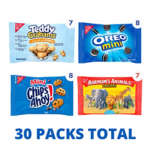 Nabisco Team Favorites Variety Pack, OREO Mini, CHIPS AHOY! Mini, Teddy Grahams Honey & Barnum's Animal Crackers, School Snacks, 30 Snack Packs-UPStoxs