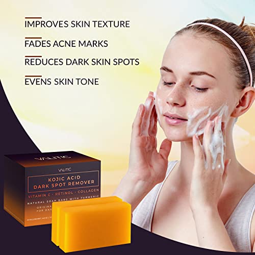 VALITIC Kojic Acid Dark Spot Remover Soap Bars with Vitamin C, Retinol, Collagen, Turmeric - Original Japanese Complex Infused with Hyaluronic Acid, Vitamin E, Shea Butter, Castile Olive Oil (2 Pack)-UPStoxs