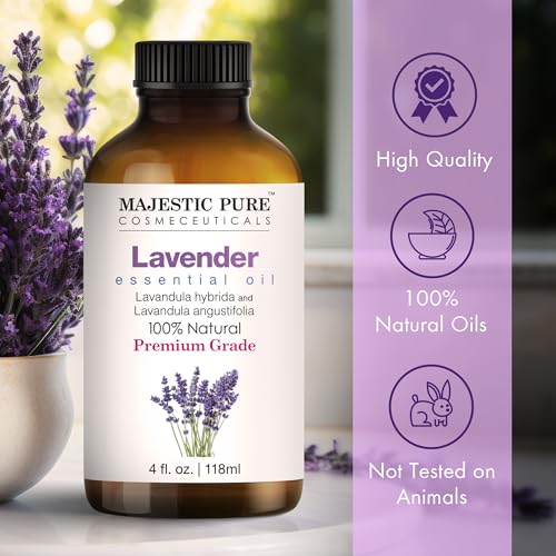 MAJESTIC PURE Lavender Essential Oil with Glass Dropper | 100% Pure and Natural Lavender Oil | Premium Grade Essential Oils for Diffusers, Skin, Aromatherapy, Massage | 4 Fl Oz-UPStoxs