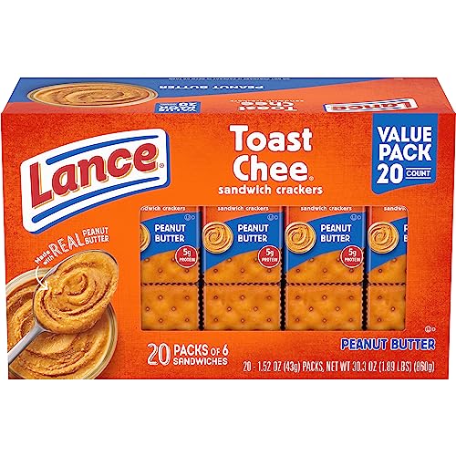 Lance Sandwich Crackers, ToastChee Peanut Butter, 20 Individually Wrapped Packs, 6 Sandwiches Each-UPStoxs