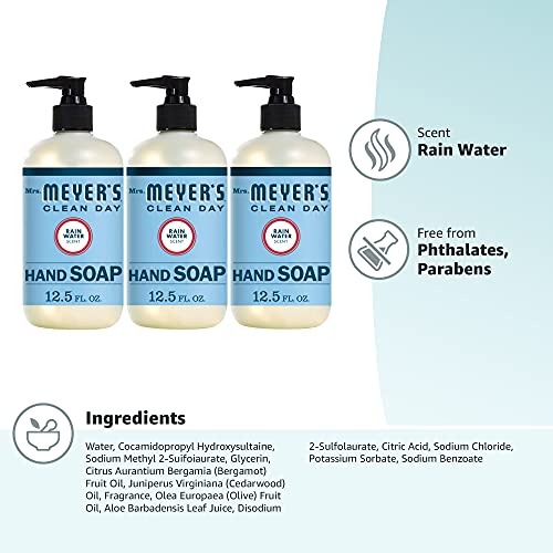 MRS. MEYER'S CLEAN DAY Hand Soap, Made with Essential Oils, Biodegradable Formula, Rain Water, 12.5 fl. oz - Pack of 3-UPStoxs