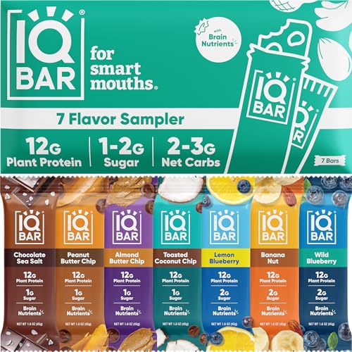 IQBAR Brain and Body Plant Protein Bars - 7 Bar Sampler Pack - Low Carb, High Fiber, Gluten Free, Healthy Vegan Snacks - Low Sugar Keto Energy Bars-UPStoxs