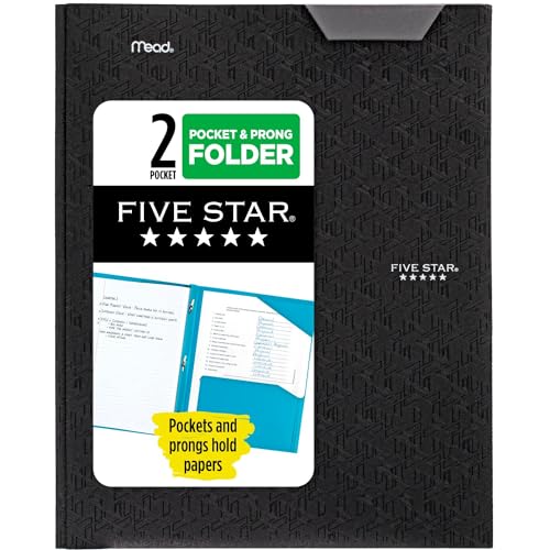 Five Star 2 Pocket Folder, Stay-Put Folder, Plastic Colored Folders with Pockets & Prong Fasteners for 3-Ring Binders, Great for Home School Supplies & Home Office, 11” x 8-1/2, Black (72113)-UPStoxs