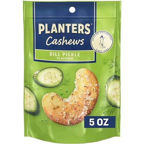 PLANTERS Dill Pickle Cashews, Whole Cashews, Individual Packs, Party Snacks, Plant-Based Protein, Quick Snack for Adults, After School Snack, Flavored Cashew, Roasted with Sea Salt, Kosher, 5oz Bag-UPStoxs