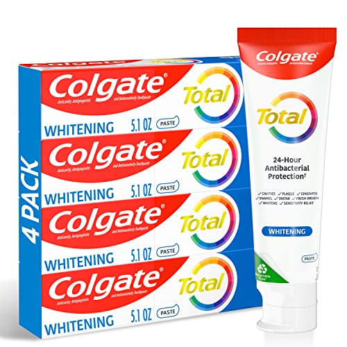 Colgate Total Whitening Toothpaste with Fluoride, 10 Benefits Including Sensitivity Relief and Stain Removal, Mint, 5.1 ounces (4 Pack)-UPStoxs