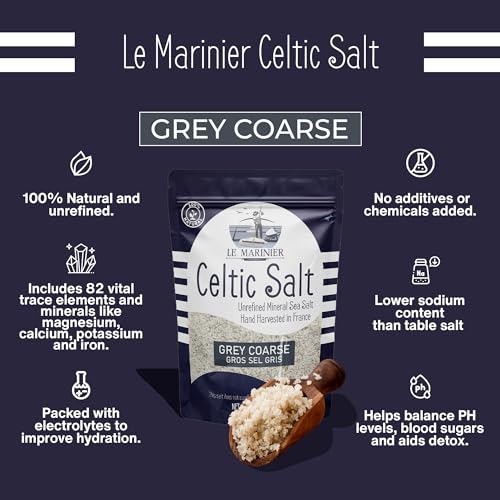 Le Marinier Celtic Salt Grey Coarse Sea Salt, 1.1lb - 18oz. +82 minerals Unrefined French Sea Salt 100% Natural, Hand Harvested Mineral Celtic Salt, Sel Gris (1.1lb Grey Coarse)-UPStoxs