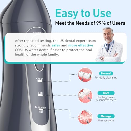 COSLUS Water Dental Flosser Teeth Pick: Portable Cordless Oral Irrigator 300ML Rechargeable Travel Irrigation Cleaner IPX7 Waterproof Electric Flossing Machine for Teeth Cleaning F5020E Grey-UPStoxs