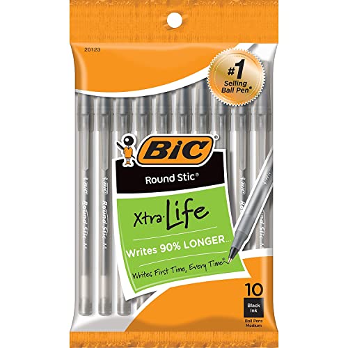 BIC Round Stic Xtra Life Ballpoint Pen, Medium Point (1.0mm), Black, 10-Count-UPStoxs