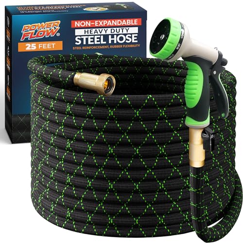 PowerFlow Garden Hose, NON-EXPANDABLE 25 Feet Premium Quality Stainless Steel Metal Water Hose with Durable Fabric Skin, Hose For Commercial, Residential Use, Bonus 10-way Spray Nozzle (25 Ft, Black)-UPStoxs