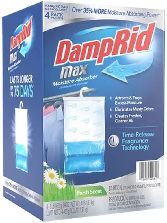 DampRid Max Moisture Absorber Hanging Bag, Fresh Scent 4 pk.