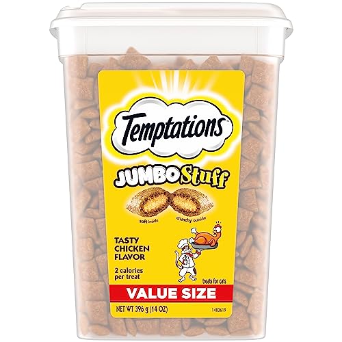 TEMPTATIONS Jumbo Stuff Crunchy and Soft Cat Treats, Tasty Chicken Flavor, 14 oz. Tub, (Pack of 1)-UPStoxs