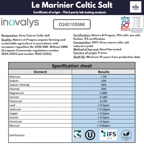 Le Marinier Celtic Salt Grey Coarse Sea Salt, 1.1lb - 18oz. +82 minerals Unrefined French Sea Salt 100% Natural, Hand Harvested Mineral Celtic Salt, Sel Gris (1.1lb Grey Coarse)-UPStoxs