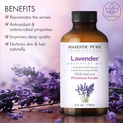 MAJESTIC PURE Lavender Essential Oil with Glass Dropper | 100% Pure and Natural Lavender Oil | Premium Grade Essential Oils for Diffusers, Skin, Aromatherapy, Massage | 4 Fl Oz-UPStoxs