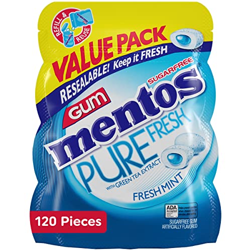 Mentos Pure Fresh Sugar-Free Chewing Gum with Xylitol, Fresh Mint, 120 Piece Bulk Resealable Bag (Pack of 1)-UPStoxs